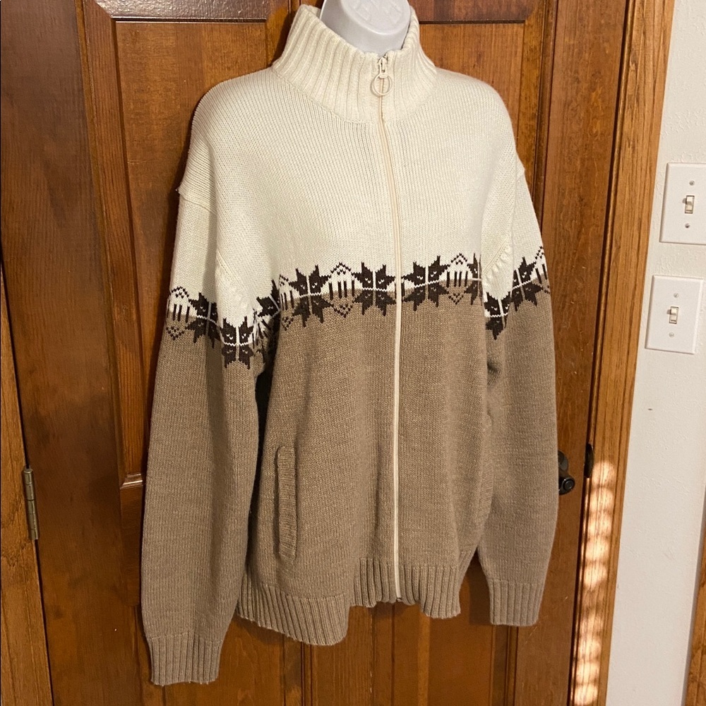 David Taylor Fair Isle zip-up cardigan sweater Brown/Beige pockets Grandpacore L